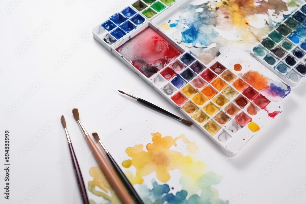  a palette of watercolors and a paintbrush on a white table with a white background and a white back