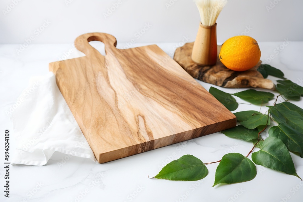  a wooden cutting board sitting on top of a white counter next to an orange and a plant on a white t