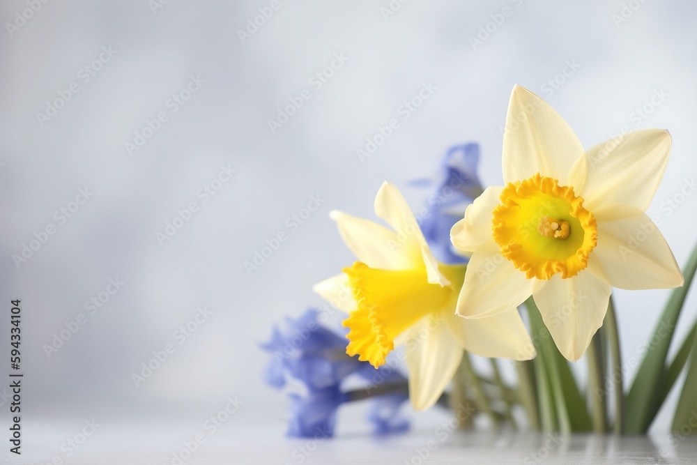  a close up of a vase of flowers with blue and yellow flowers in the background and a light gray wal