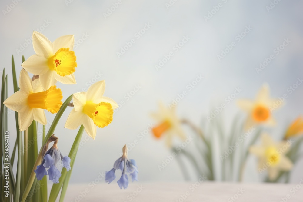  a vase filled with yellow and blue flowers next to tall green stems and flowers in the background, 