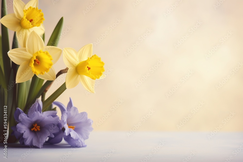  a vase filled with yellow and purple flowers on top of a table next to a vase filled with purple an