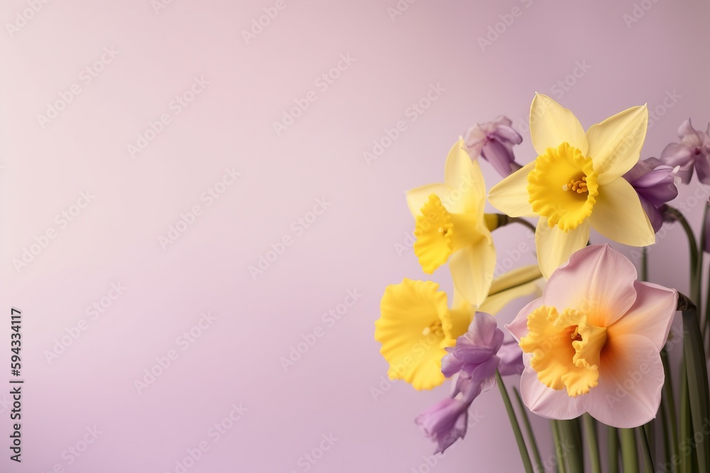  a vase filled with yellow and purple flowers on top of a purple tablecloth covered tablecloth and a