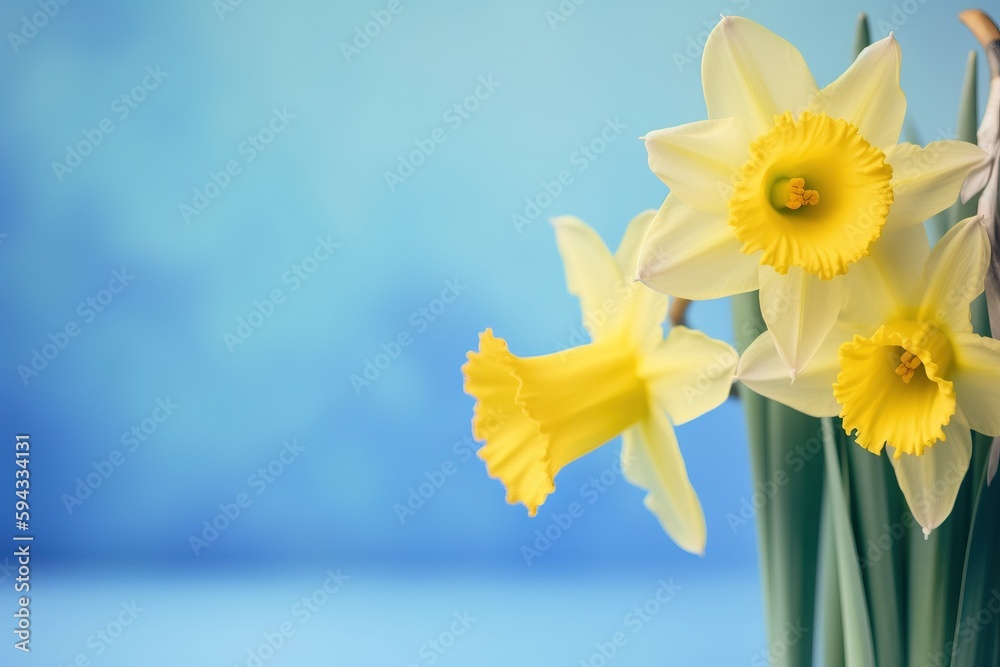  a vase filled with yellow flowers on top of a blue tableclothed tableclothed with white and yellow 