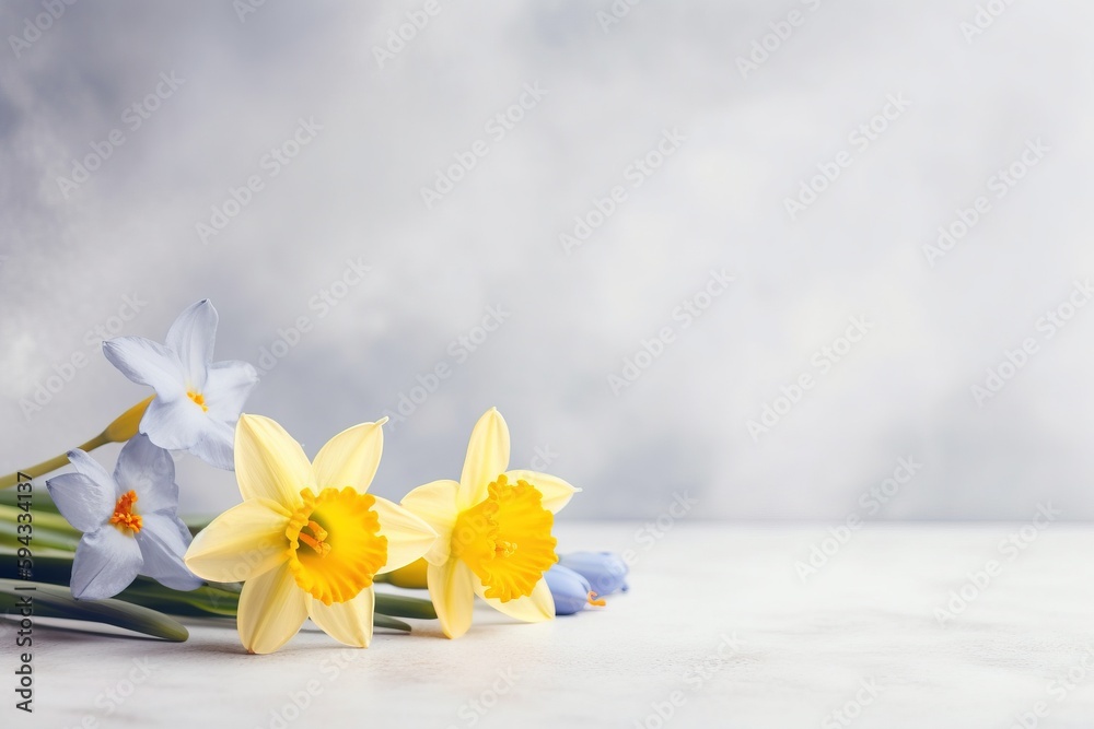  a bunch of flowers that are sitting on a counter top with clouds in the sky in the background of th