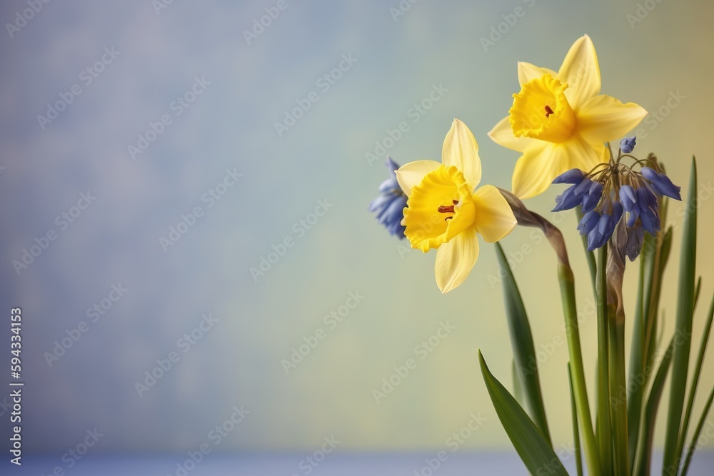  two yellow flowers are in a vase with green stems and blue flowers are in the vase on the table nex