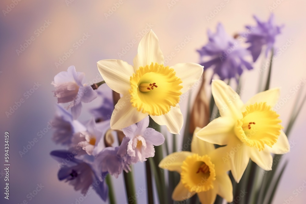  a vase filled with yellow and purple flowers on top of a wooden table next to a blue and white wall