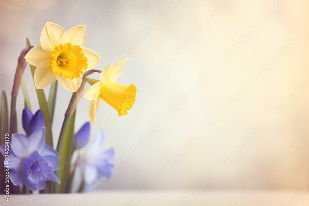  a vase filled with yellow and blue flowers on top of a table next to a vase filled with purple and 