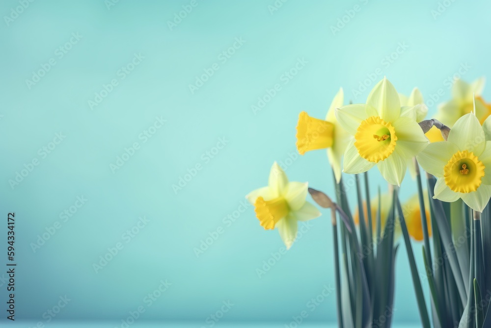  a vase filled with yellow flowers sitting on top of a blue tablecloth covered table top next to a b