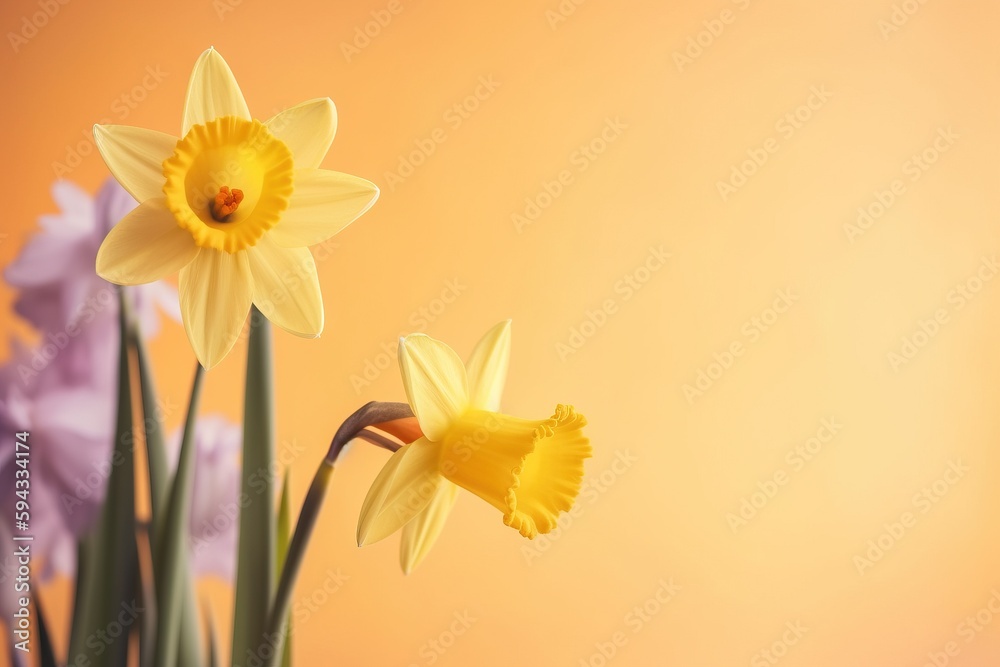  a vase filled with yellow flowers next to other flowers on a table top with a yellow background beh