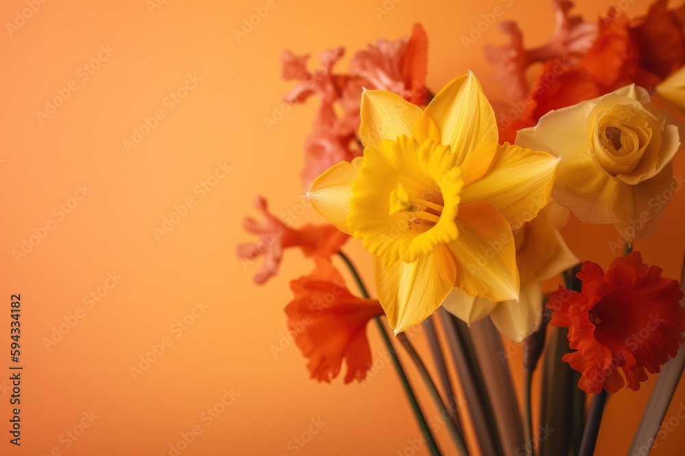  a vase filled with yellow and red flowers on top of a table next to an orange wall and a vase with 