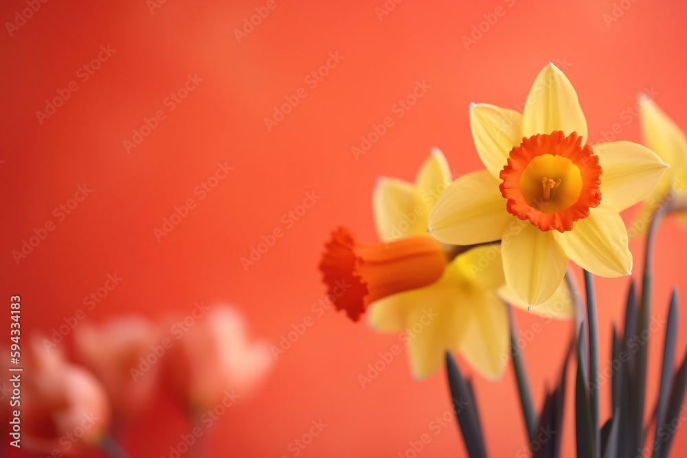  a vase filled with yellow and red flowers on top of a table next to a red wall and a red wall behin