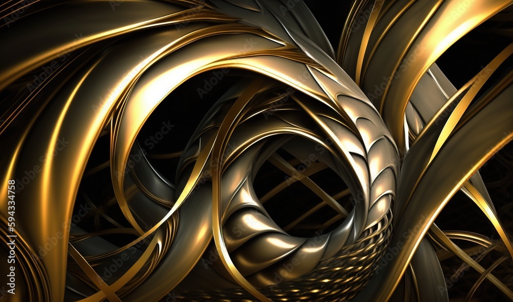  a computer generated image of a gold and black swirl design on a black background with a gold and s