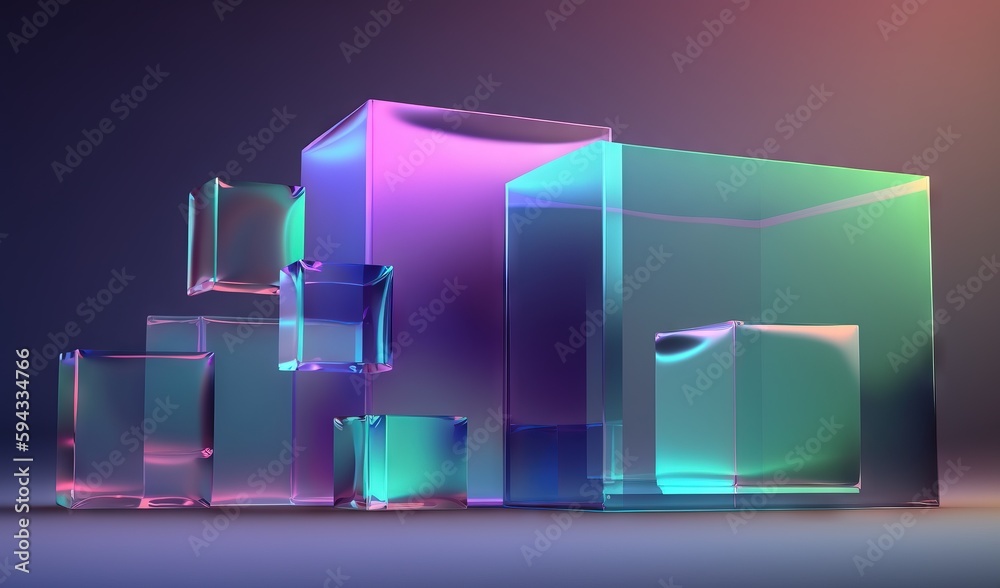  a group of glass cubes sitting on top of a table next to each other on a dark surface with a pink a