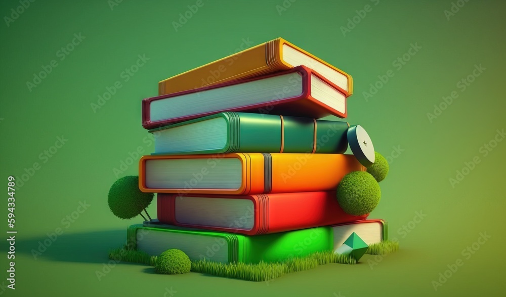  a stack of books sitting on top of each other on top of a grass covered field next to a pile of boo