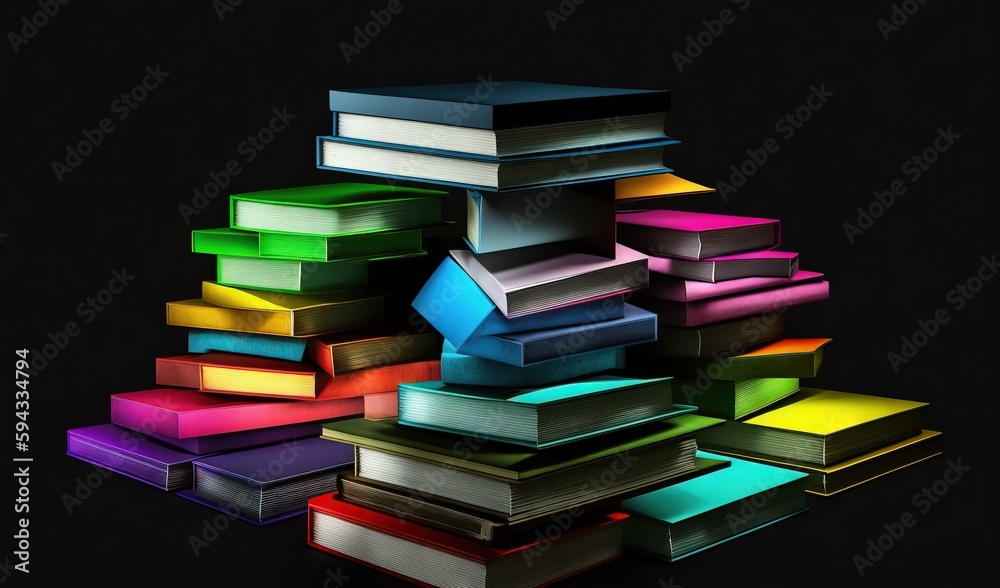  a stack of books with a black background and a rainbow light on top of them, all stacked up in the 