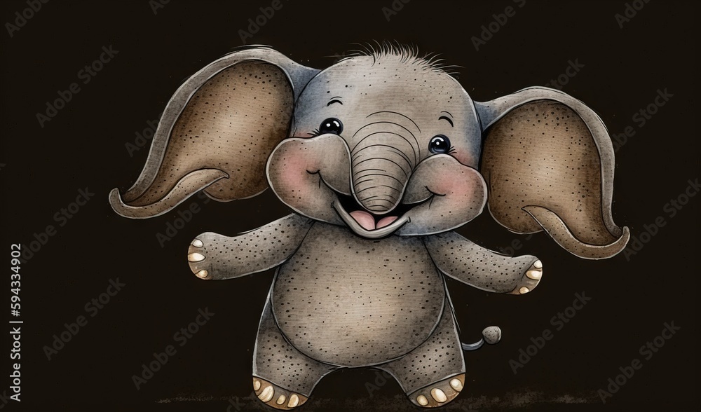  a drawing of an elephant with its trunk up and eyes wide open, with a black background and a black 