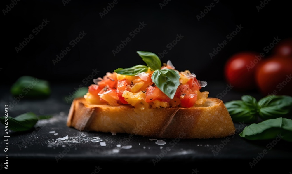  a piece of bread topped with tomato and basil on top of a black surface next to some tomatoes and b