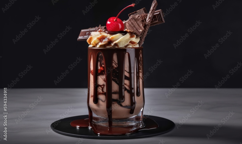  a chocolate milkshake with a cherry on top and chocolate sauce drizzled on the top of it, with a ch