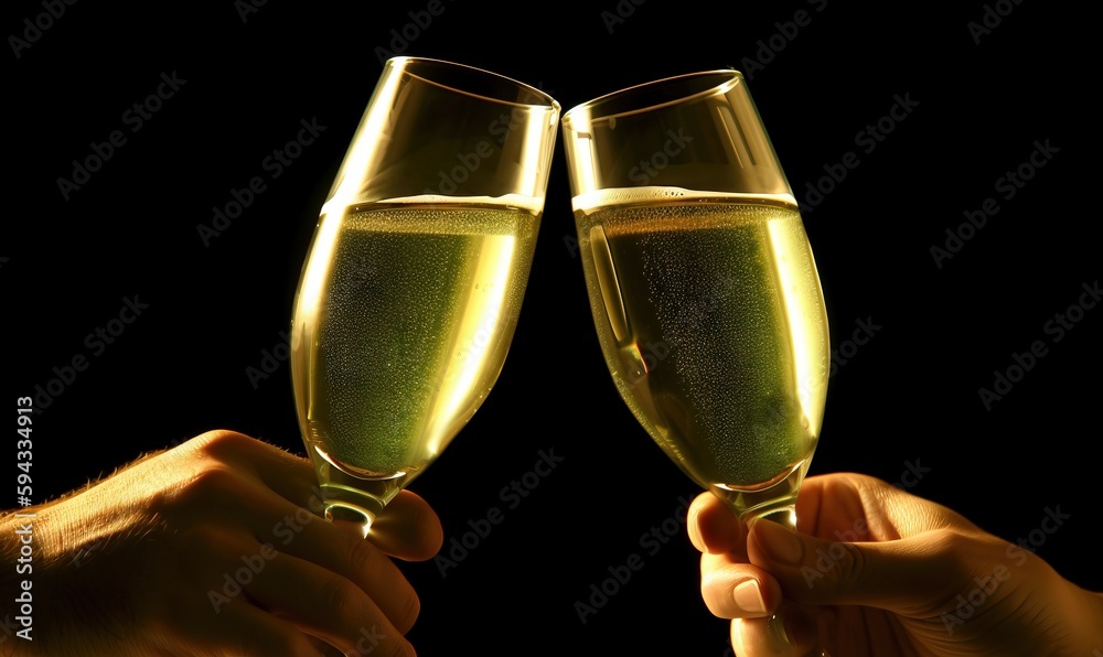  two hands holding champagne flutes in front of a black background with a black background and a bla