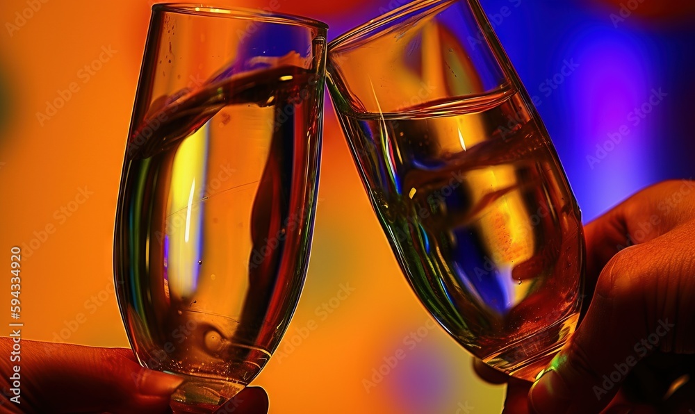  a couple of people that are holding some glasses of wine together in front of a colorful background