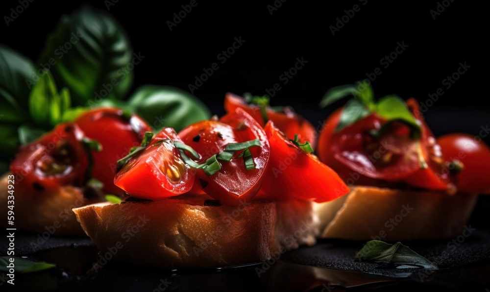  a close up of a piece of bread with tomatoes and basil on top of it on a black surface with leaves 