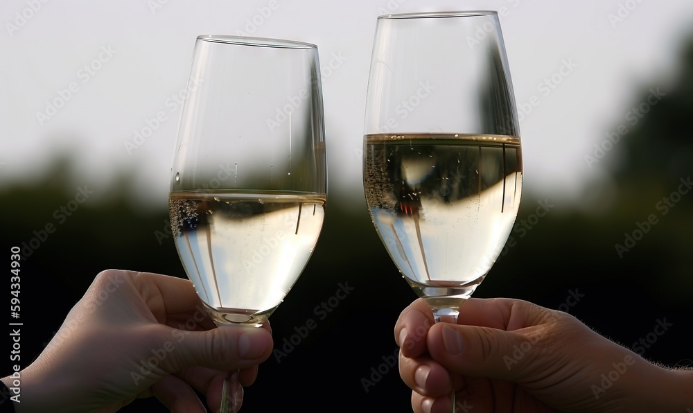  two people holding up wine glasses with white wine in its hands and one holding a wine glass with 