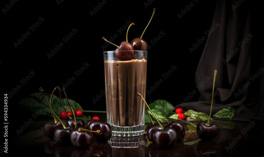  a tall glass of chocolate pudding with cherries on the side and cherries on the side of the glass a