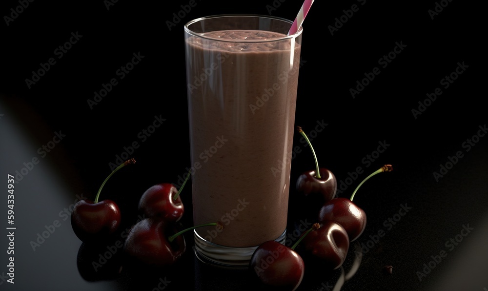  a glass of chocolate milk with cherries on the side and a straw sticking out of the top of the glas