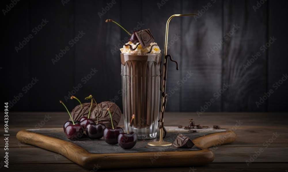  a chocolate milkshake with cherries and a straw in a tall glass with a gold straw sticking out of t