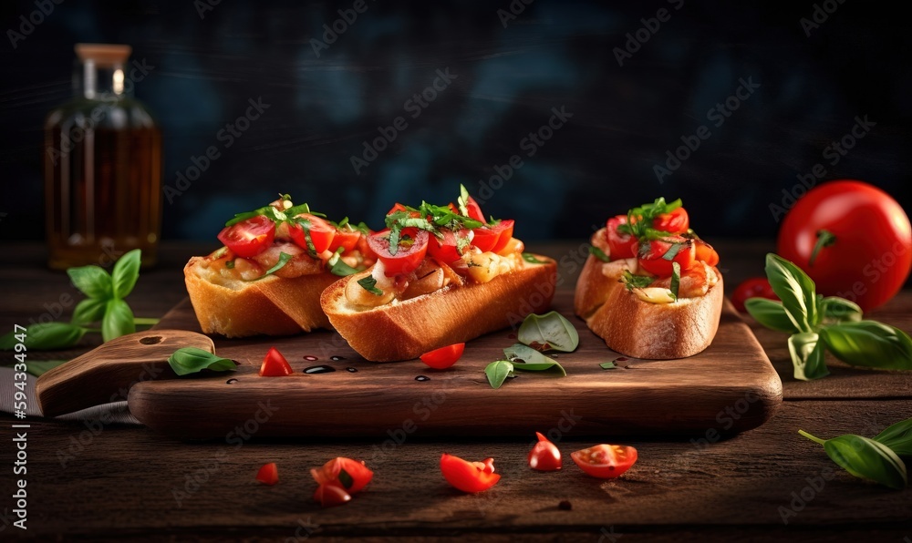  a wooden cutting board topped with bread covered in toppings next to a bottle of olive oil and a to