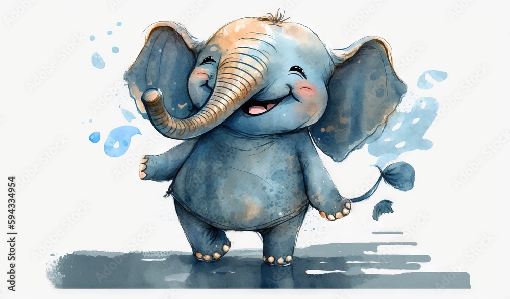  a watercolor painting of an elephant with its trunk in the air and its eyes closed, standing on a w