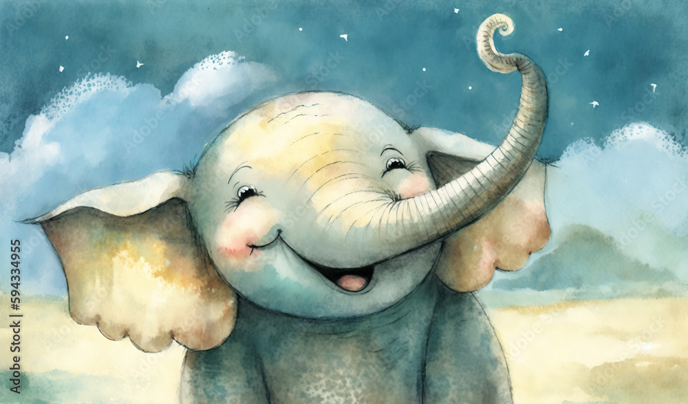  a painting of an elephant with its trunk up and its eyes closed, with a sky background and stars in