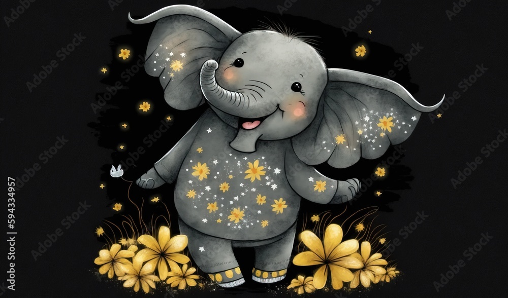  a picture of an elephant with stars on its body and a black background with flowers and a butterfl