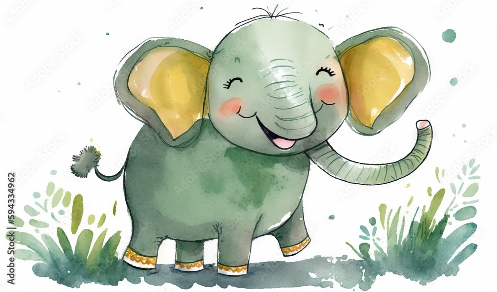  a watercolor drawing of an elephant with its trunk in the air and its eyes closed, with grass and p