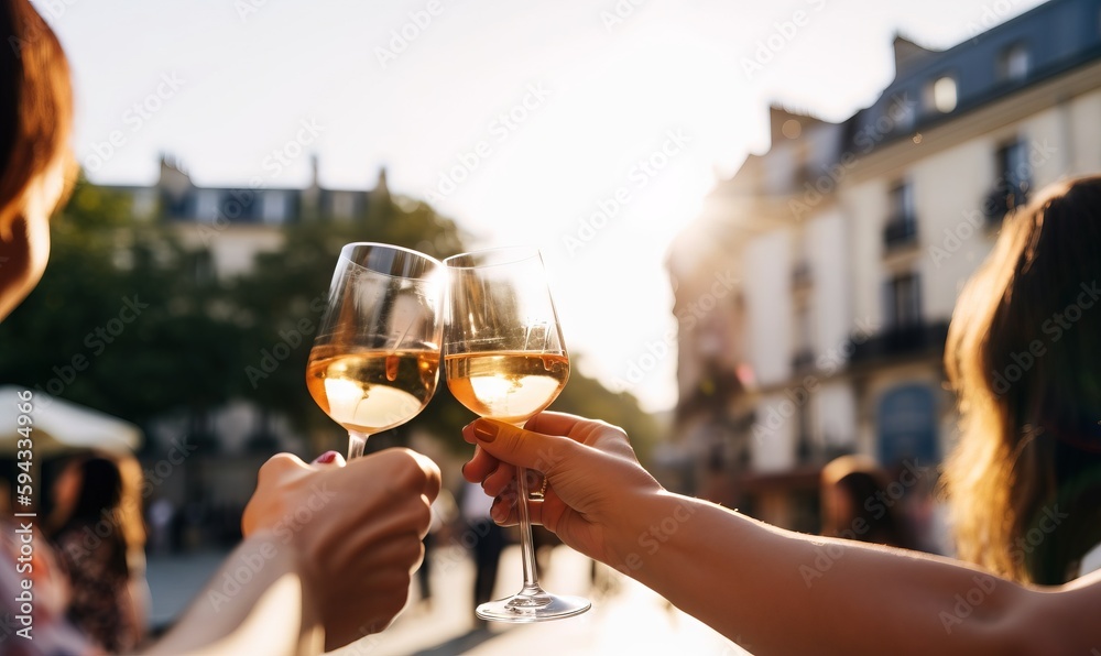  two people toasting with wine glasses in front of a building on a sunny day in a city square with p