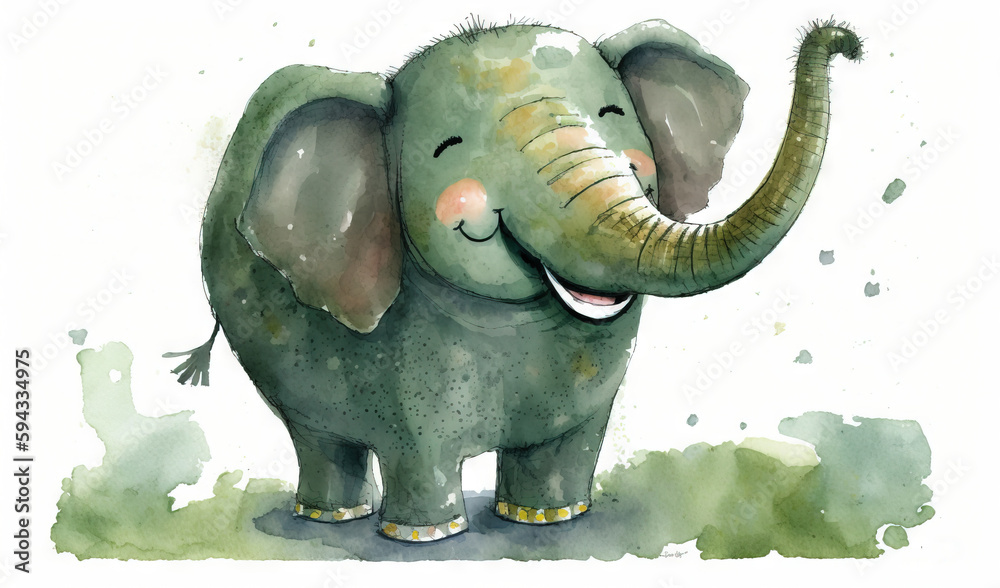  a watercolor painting of an elephant with its trunk in the air and its eyes closed, with its mouth 