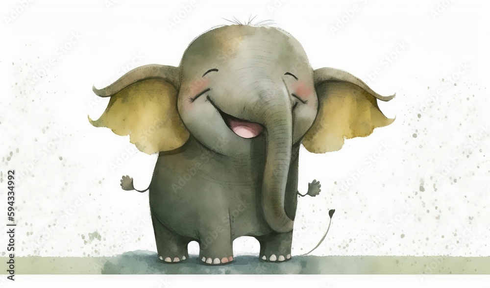  an elephant with yellow wings and a smile on its face is standing in front of a white wall and has 