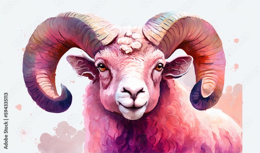  a painting of a ram with long horns and a flower in its hair, with a pink background and a white ba