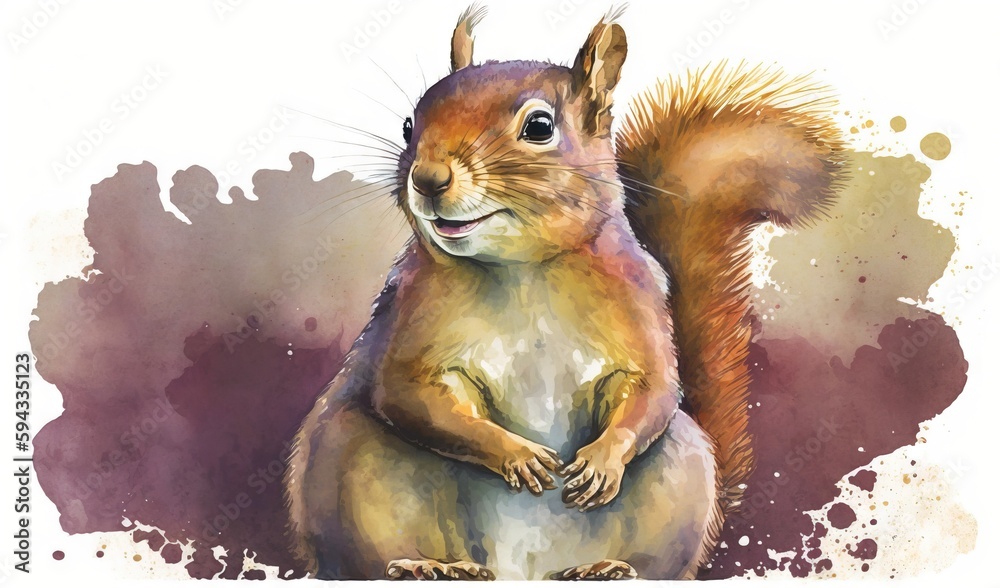  a watercolor painting of a squirrel with its front paws on its hind legs, standing on its hind legs