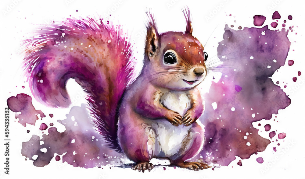  a watercolor painting of a squirrel on a purple background with spots of pink and purple paint on i