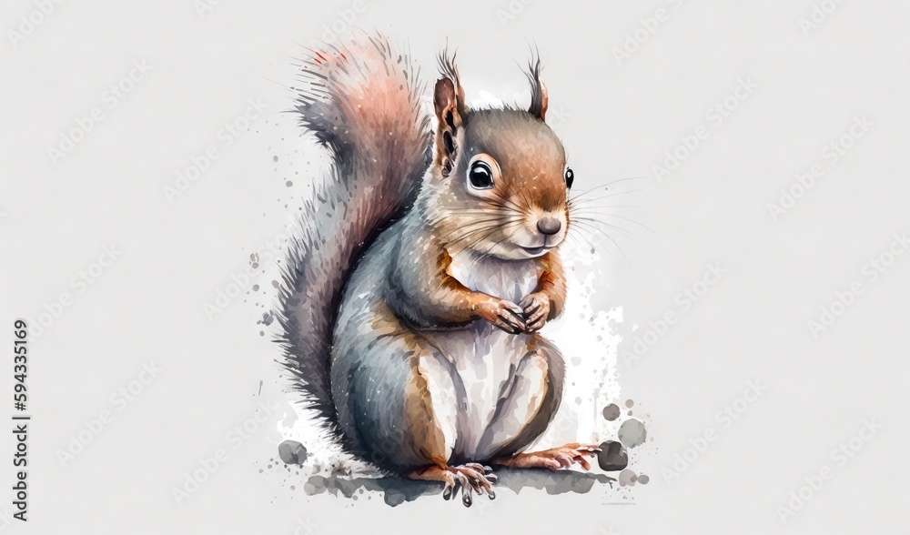  a painting of a squirrel sitting on its hind legs with its front paws on the ground and looking at 