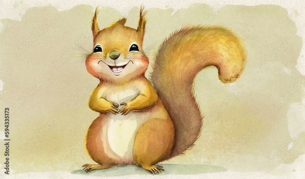  a painting of a squirrel with a smile on its face and tail, standing on its hind legs, with its fro