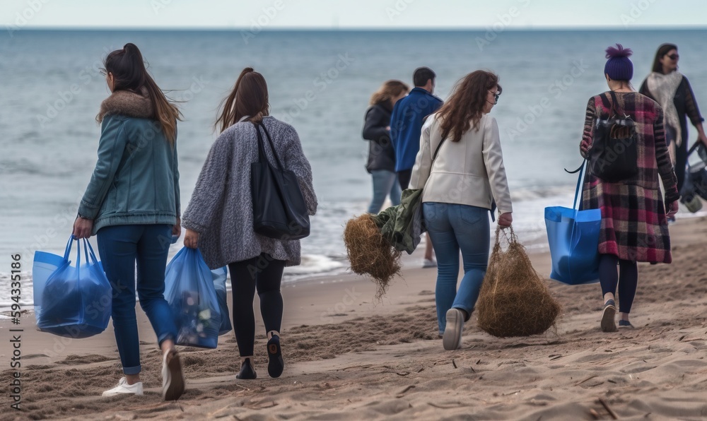  a group of people walking along a beach with bags of stuff in their hands and in the other hand, a 