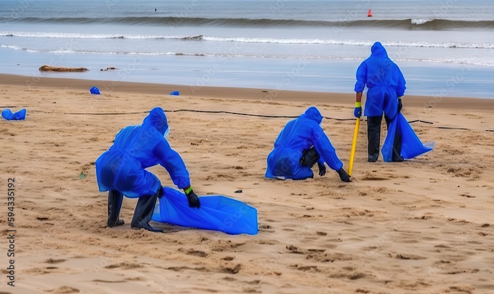  a group of people in blue suits on a beach near the ocean with a yellow pole in the foreground and 