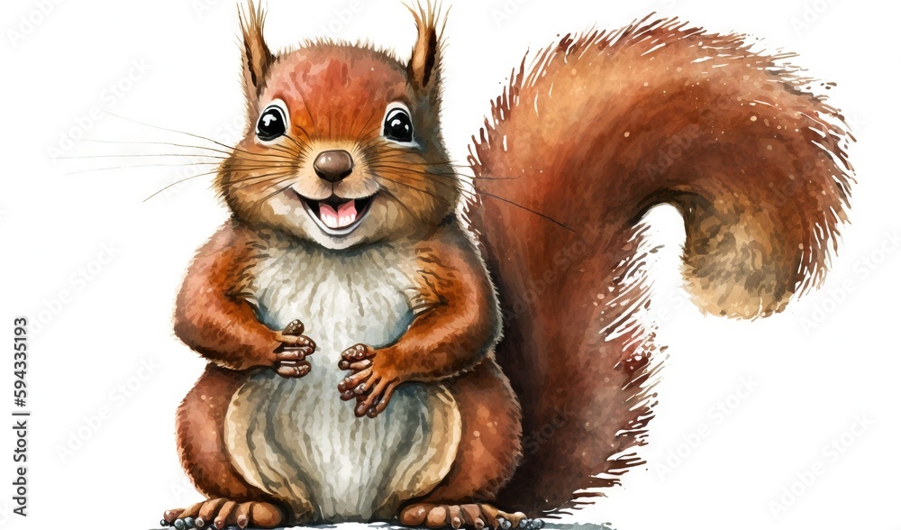  a drawing of a squirrel with his hands on his hips and his legs crossed, with his mouth open and hi