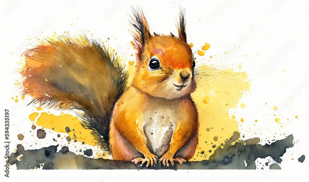  a watercolor painting of a squirrel sitting on a tree branch with its front paws on the ground and 