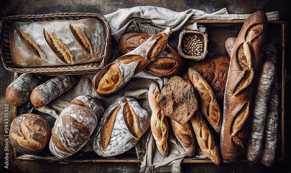  a box filled with lots of different types of breads and loaves of breads on top of a cloth covered 