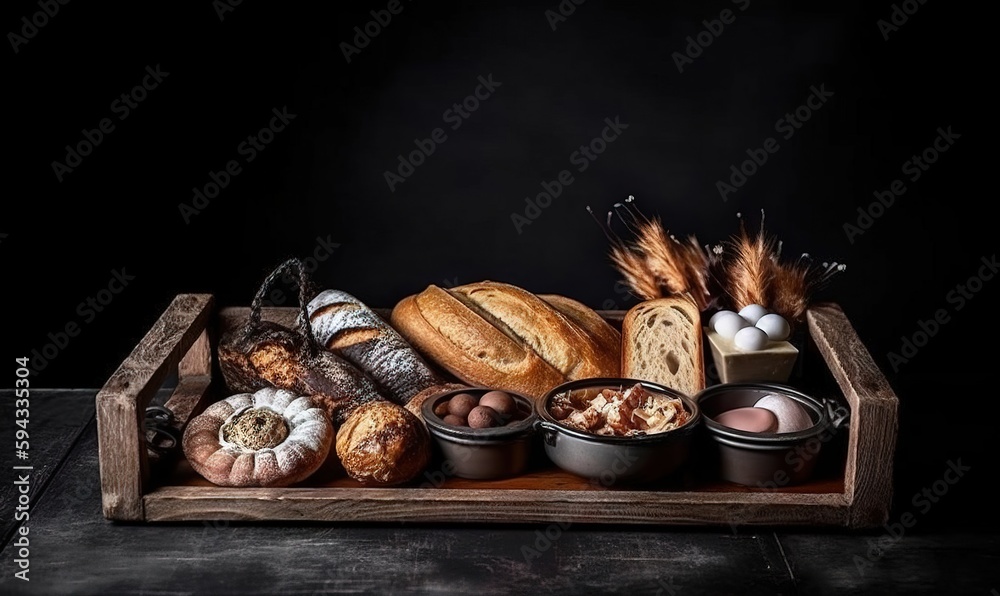  a wooden tray filled with different types of bread and other foods on top of a wooden table with a 