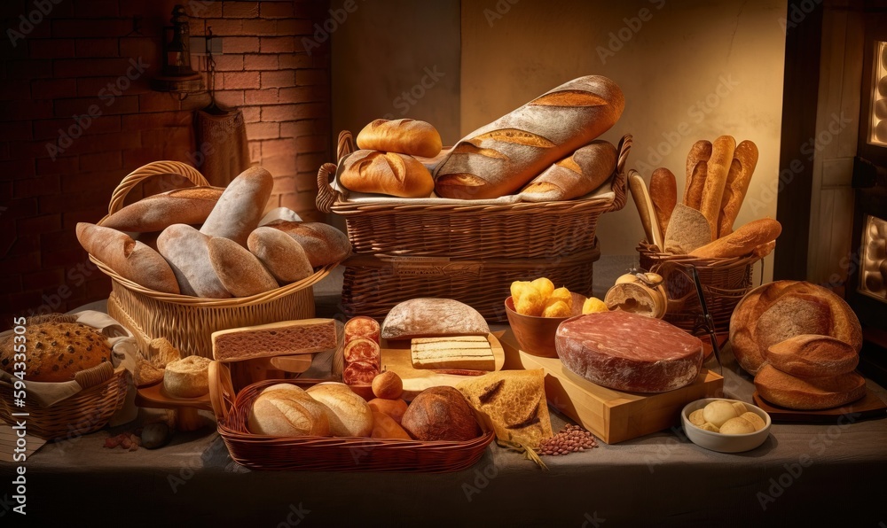  a painting of bread and other foods on a table with a brick wall in the background and a basket of 