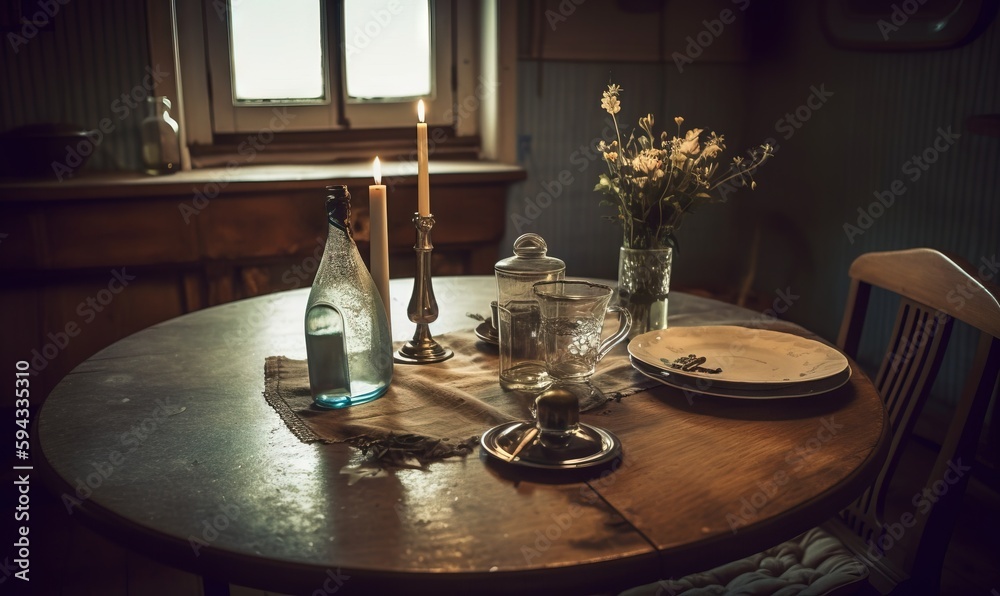  a wooden table with plates and a vase of flowers on it and a bottle of wine on top of the table wit